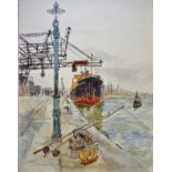 WATERCOLOUR OF CARGO BOAT IN PORT WITH FISHING GEAR IN FOREGROUND SIGNED D WARD