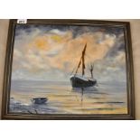 OIL ON BOARD,SAIL BOAT BY SHORE SIGNED J LIGHTBODY 14" X 17.