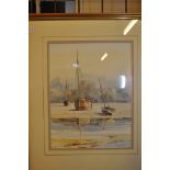 WATERCOLOUR 3 BOATS ON SHORE 13" X 10" SIGNED J WATSON