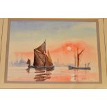 TWO WATERCOLOURS OF SAIL BOATS,ONE MISTY MORNING AND ONE SUNRISE BOTH SIGNED J WATSON 6.5" X 9.