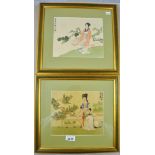 A PAIR OF JAPANESE PICTURES OF GIRLS IN GARDENS BOTH SIGNED 7" X 8.