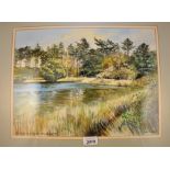 WATERCOLOUR POND PINEWOODS HOLKHAM SIGNED JANET BECKETT 12" X 15.