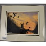 WATERCOLOUR 'DUCKS IN FLIGHT'S SIGNED S T TRINDER 10" X 7"