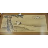 FRAMED AND GLAZED JAPANESE PRINT OF MANCHURIAN CRANE FLYING TO TREE 11" X 24"