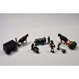 A COLLECTION OF OLD ROAD WORKER FIGURES AND HORSES INC WHEELBARROW, ROLLER ETC..