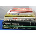 7 BOOKS INCLUDING VINTAGE CARS/ON FOUR WHEELS/ LAND ROVER/SALOON CARS/MYSTERY MOTORS ALL IN (VGC)