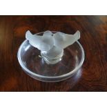 Lalique pair of doves perched on glass dish signed to base, 10 cm diameter approx.