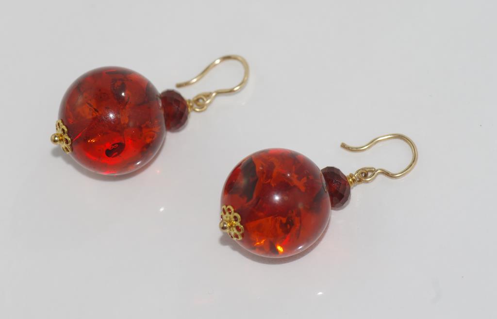 Cognac amber and garnet earrings on 9ct yellow gold hooks