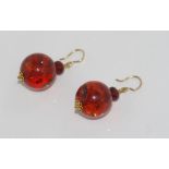 Cognac amber and garnet earrings on 9ct yellow gold hooks