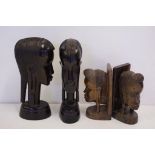 Pair of vintage carved tribal bookends & 2 carved ebony figures, 25cm high (tallest) approx.