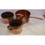 Three vintage copper saucepans D24.5cm approx (largest)