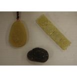 Chinese carved stone pendant together with a green stone bracelet and carved crab stone