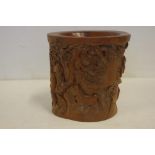 Antique Chinese boxwood brush pot with figural and horse carved decoration, 13.5cm high