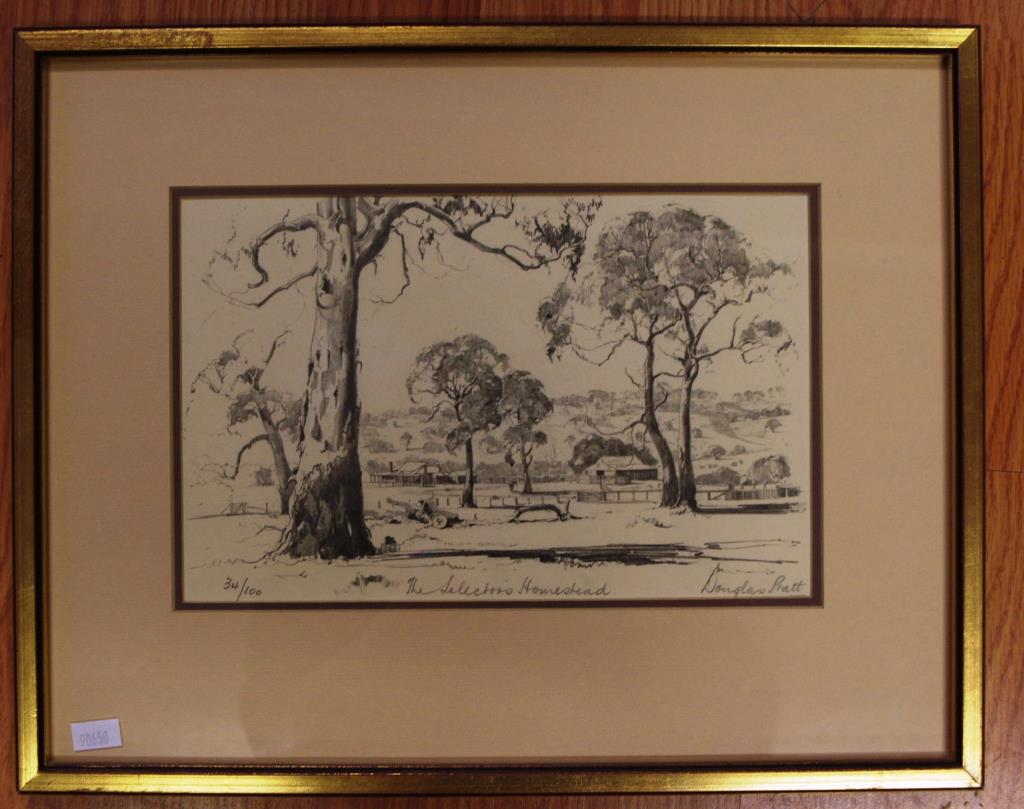 Douglas Pratt ' The Selector's Homestead ' etching , 34/100, signed lower right, 16 x 25.5cm approx