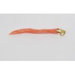 Pink coral stick pendant with 18ct yellow gold bale