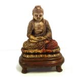 Antique Shoushan stone carved Buddha on timber stand, 18.5cm high