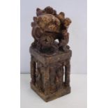 Large vintage Chinese carved stone chop the square shape decorated on top with lions above figures