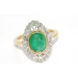 18ct two tone gold, emerald and diamond ring emerald 1.72ct, 26 diamond = 27pts, weight: approx 4.