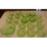 Quantity of green depression pieces including dessert sets