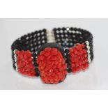 Coral, onyx and silver cuff