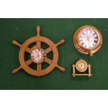 Three small brass clocks 15cm wide (largest), one a/f