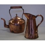 Good vintage copper kettle and large jug H30cm approx (tallest)