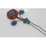 Oriental hairpin with carnelian and enamel flowers