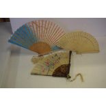 Vintage Chinese tortoiseshell fan with floral embroidery, together with 2 other vintage fans