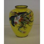 A good Japanese cloisonne vase with fine peacock decoration on a yellow ground, 15cm high approx.