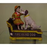 Cast iron 'Speaking Dog' mechanical moneybox 18cm high approx