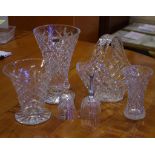 Four good assorted cut crystal vases 25cm high (tallest) approx., together with 2 glass bells