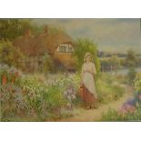 William Affleck (1869-1909), Thatched Cottage Lady watercolour, signed lower right, 30cm x 41cm