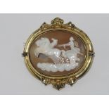 Large cameo with winged chariot rider with open locket to rear, centre pivots, gold plated, size: