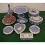Ten assorted Wedgwood Jasperware pieces including trinket boxes, comport, cup & saucer, etc