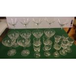 Six cut crystal hollow stem champagne glasses together with a collection of other glassware