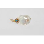 Baroque pearl pendant on 18ct gold bale with enamel decorated