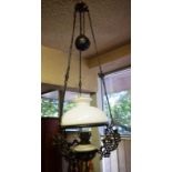 Antique kerosene ceiling light converted to electricity, 111cm approx