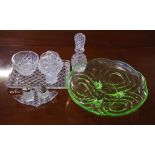 Quantity of vintage cut glass together with a uranium glass bowl, 31cm diameter