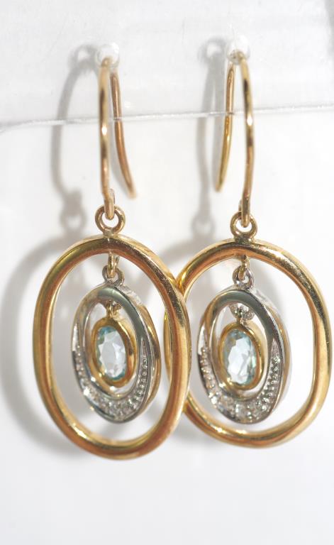 9ct gold, aquamarine and diamond drop earrings in two tone gold, weight: approx 3.1 grams