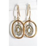 9ct gold, aquamarine and diamond drop earrings in two tone gold, weight: approx 3.1 grams