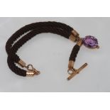 Antique 9ct rose gold and hair fob with t-bar and amethyst set fob, total weight: approx 19 grams