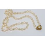 Matinee length string of cream coloured pearls with 8ct floral clasp (with makers mark), size: