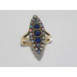 14ct yellow gold, blue sapphire and opal ring weight: approx 5.5 grams, size: O/7