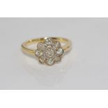 18ct yellow gold, 9 diamond daisy cluster ring diamonds=1.01ct, weight: approx 3.8 grams, size: N-