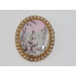 Vintage 18ct gold, enamel and pearl picture brooch with MOP backing