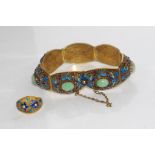 Chinese silver and enamel bracelet & ring set set with green stones (tests suggest jade), size: L/6