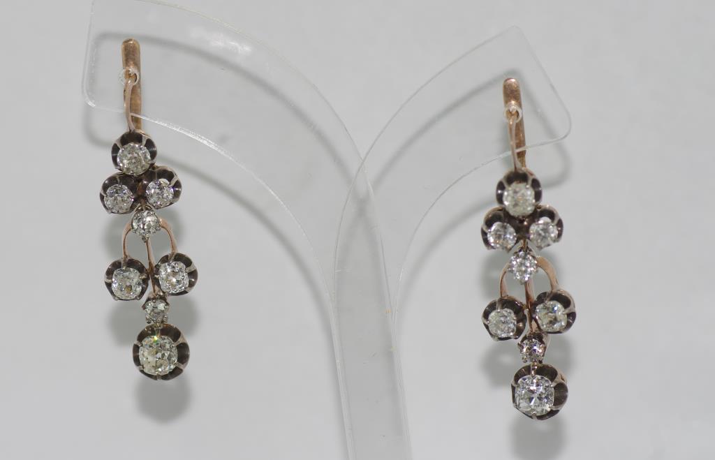 Antique 14ct gold & silver diamond drop earrings Russian made, C:1900, with 16 old mine cut - Image 2 of 2