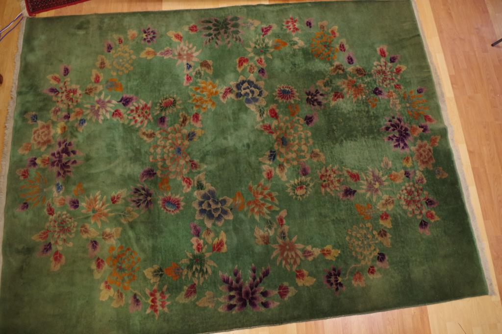 Large vintage Chinese wool rug with olive green tones, 360cm x 267cm approx