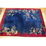 Large vintage Chinese wool rug with blue & maroon tones, 360cm x 264cm approx