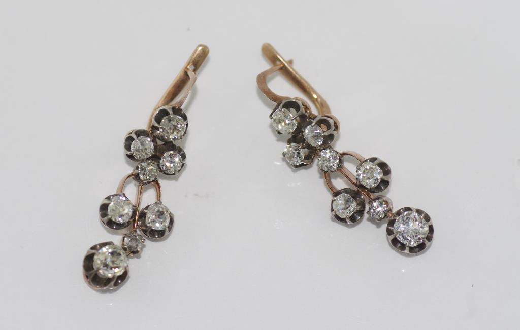 Antique 14ct gold & silver diamond drop earrings Russian made, C:1900, with 16 old mine cut